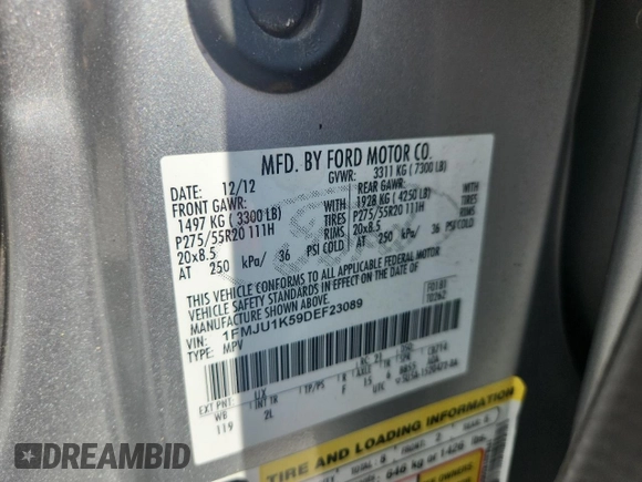 2013 Ford Expedition Limited с VIN 1FMJU1K59DEF23089, выставлен на аукционе Copart как лот 63058345 с пробегом 218 354 миль миль и Списание • Salvage title. История ставок и продаж доступна на DreamBid. Изображение 13.