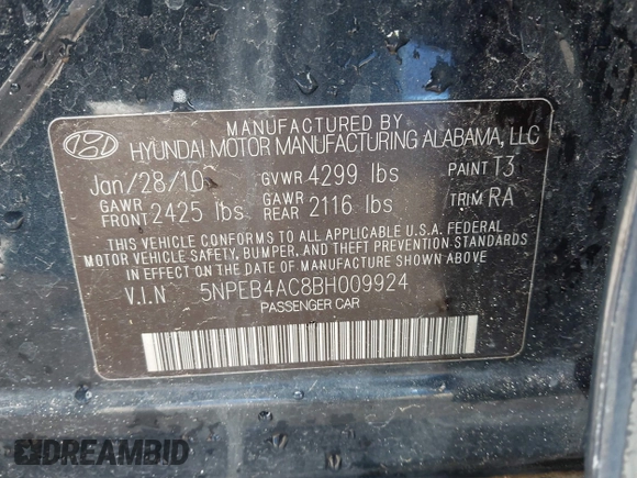 2011 Hyundai Sonata GLS with VIN 5NPEB4AC8BH009924, listed as a IAAI auction lot 42207141 with 216,730 mi miles and . Bid and sale history available at carsss.com. Image 9.