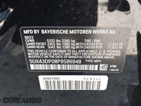 2023 BMW X3 sDrive30i with VIN 5UX43DP08P9S86948, listed as a IAAI auction lot 41632412 with 3,645 mi miles and . Bid and sale history available at DreamBid. Image 9.