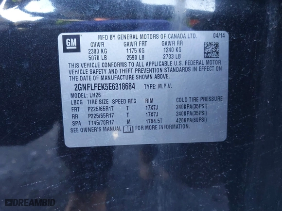 2014 Chevrolet Equinox LT with VIN 2GNFLFEK5E6318684, listed as a IAAI auction lot 41988931 with 60,837 mi miles. Bid and sale history available at carsss.com. Image 9.