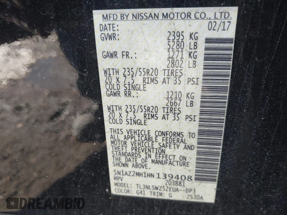 2017 Nissan Murano S with VIN 5N1AZ2MH1HN139408, listed as a IAAI auction lot 41298184 with 107,439 mi miles and . Bid and sale history available at DreamBid. Image 9.