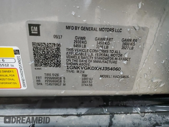 2017 Chevrolet Traverse LT with VIN 1GNKVGKDXHJ354060, listed as a Copart auction lot 52170915 with 148,475 mi miles and Salvage Title. Bid and sale history available at DreamBid. Image 13.
