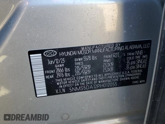 2023 Hyundai Santa Fe Hybrid Limited with VIN 5NMS5DA12PH012055, listed as a Copart auction lot 46450894 with 17,916 mi miles. Bid and sale history available at carsss.com. Image 12.