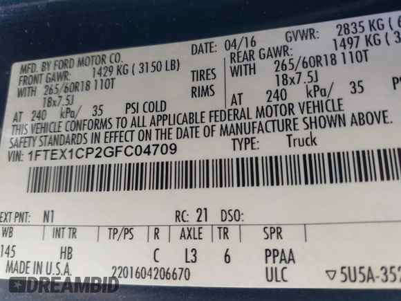 2016 Ford F-150 XL with VIN 1FTEX1CP2GFC04709, listed as a IAAI auction lot 42155782 with 123,931 mi miles and . Bid and sale history available at carsss.com. Image 9.