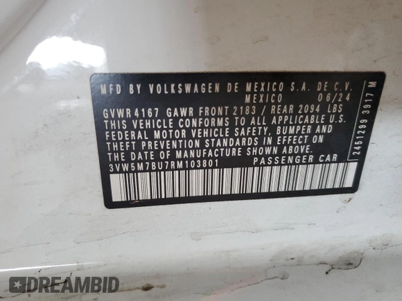 2024 Volkswagen Jetta S with VIN 3VW5M7BU7RM103801, listed as a Copart auction lot 59160625 with 52,465 mi miles and Salvage title. Bid and sale history available at DreamBid. Image 12.