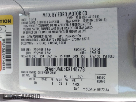 2019 Ford Fusion SEL with VIN 3FA6P0MU8KR148778, listed as a IAAI auction lot 41841745 with 182,074 mi miles and . Bid and sale history available at DreamBid. Image 9.