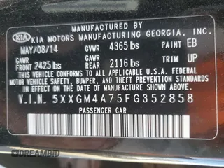 2015 Kia Optima LX with VIN 5XXGM4A75FG352858, listed as a Copart auction lot 50619205 with 166,145 mi miles and Salvage Title. Bid and sale history available at carsss.com. Image 13.