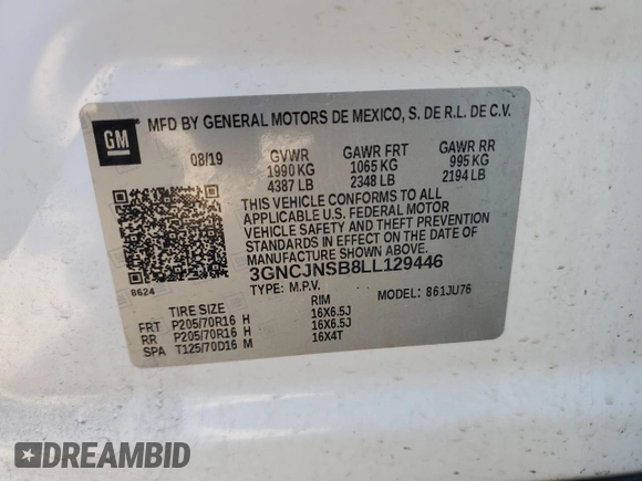 2020 Chevrolet Trax LS z VIN 3GNCJNSB8LL129446, wystawiony jako Copart lot #56025605 z przebiegiem 41 326 mil mil oraz Czysty tytuł • Clean title. Historia ofert i sprzedaży dostępna na DreamBid. Obrazek 14.