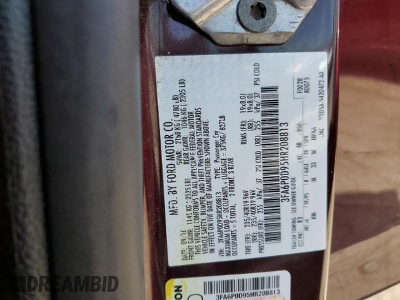 2017 Ford Fusion Titanium with VIN 3FA6P0D95HR208813, listed as a Copart auction lot 60832915 with 62,920 mi miles and Salvage title. Bid and sale history available at DreamBid. Image 12.
