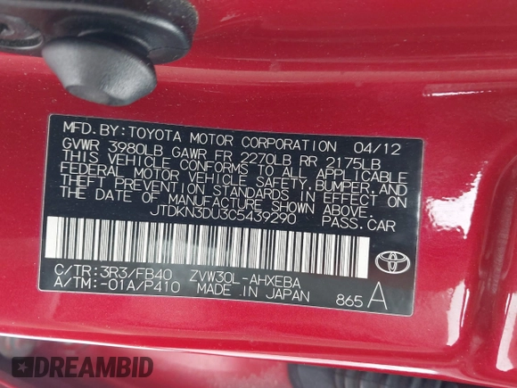2012 Toyota Prius One with VIN JTDKN3DU3C5439290, listed as a IAAI auction lot 41560014 with 266,761 mi miles. Bid and sale history available at carsss.com. Image 9.