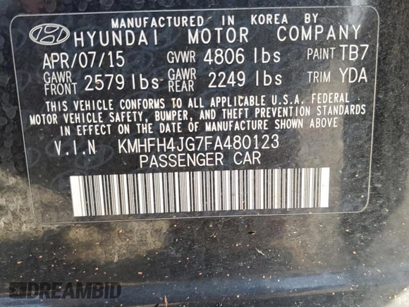 2015 Hyundai Azera Limited with VIN KMHFH4JG7FA480123, listed as a Copart auction lot 56900285 with 136,325 mi miles and Salvage title. Bid and sale history available at DreamBid. Image 13.