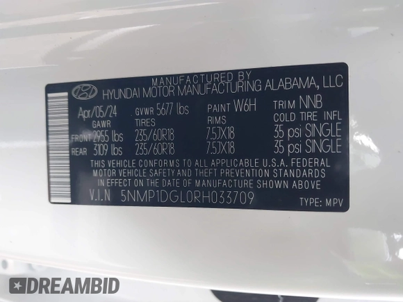 2024 Hyundai Santa Fe SE with VIN 5NMP1DGL0RH033709, listed as a IAAI auction lot 40930297 with 6,451 mi miles and . Bid and sale history available at DreamBid. Image 9.