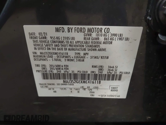 2021 Ford EcoSport SE z VIN MAJ3S2GEXMC416118, wystawiony jako IAAI lot #42318117 z przebiegiem 94 632 mil mil oraz . Historia ofert i sprzedaży dostępna na DreamBid. Obrazek 9.