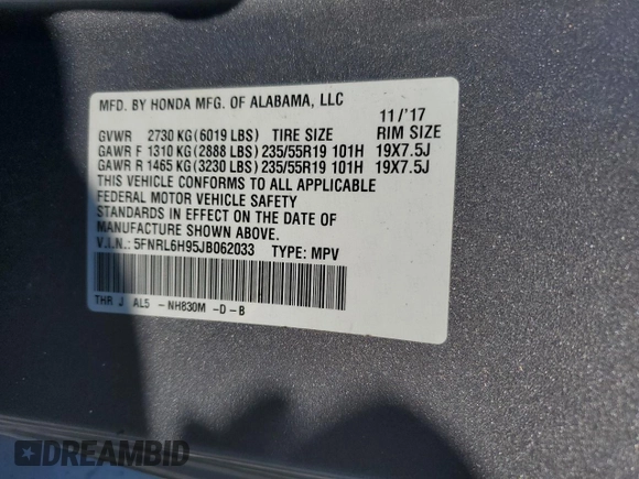 2018 Honda Odyssey Elite with VIN 5FNRL6H95JB062033, listed as a Copart auction lot 63732915 with 105,234 mi miles and Salvage title. Bid and sale history available at DreamBid. Image 13.