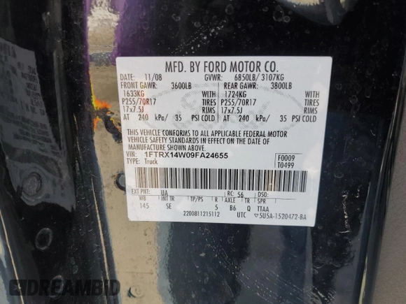 2009 Ford F-150 STX with VIN 1FTRX14W09FA24655, listed as a Copart auction lot 46085665 with Not Provided miles and Salvage Title. Bid and sale history available at DreamBid. Image 15.