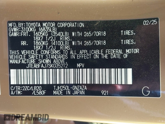 2025 Toyota Land Cruiser 1958 Edition z VIN JTEABFAJ7SK035212, wystawiony jako IAAI lot #42150778 z przebiegiem 2566 mil mil oraz . Historia ofert i sprzedaży dostępna na DreamBid. Obrazek 9.