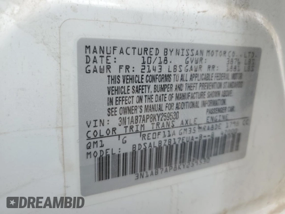 2019 Nissan Sentra S with VIN 3N1AB7AP8KY259530, listed as a Copart auction lot 46111275 with 34,438 mi miles and Salvage Title. Bid and sale history available at DreamBid. Image 15.