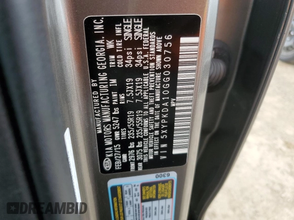 2016 Kia Sorento SXL with VIN 5XYPKDA10GG030756, listed as a Copart auction lot 49548915 with 36,383 mi miles and Clean title. Bid and sale history available at DreamBid. Image 13.