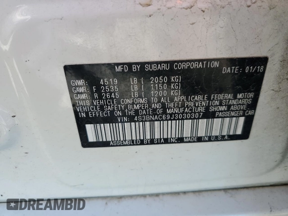 2018 Subaru Legacy Premium with VIN 4S3BNAC69J3030307, listed as a Copart auction lot 50064834 with Not Provided miles and Salvage Title. Bid and sale history available at DreamBid. Image 13.