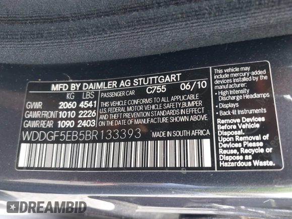 2011 Mercedes-Benz C-Class C 300 Sport with VIN WDDGF5EB5BR133393, listed as a IAAI auction lot 41712905 with 146,428 mi miles. Bid and sale history available at carsss.com. Image 9.