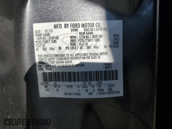2013 Ford F-150 XL с VIN 1FTMF1CM3DKE08720, выставлен на аукционе Copart как лот 47378195 с пробегом 108 369 миль миль и Списание • Salvage title. История ставок и продаж доступна на DreamBid. Изображение 12.