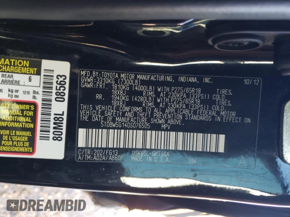 2013 Toyota Sequoia SR5 with VIN 5TDBW5G14DS076505, listed as a Copart auction lot 71707714 with 211,652 mi miles and Salvage Title. Bid and sale history available at carsss.com. Image 15.