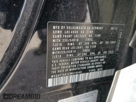 2012 Volkswagen Tiguan SE with VIN WVGAV7AX1CW610349, listed as a Copart auction lot 49250985 with 139,718 mi miles and Salvage Title. Bid and sale history available at DreamBid. Image 15.