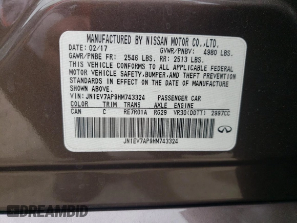 2017 Infiniti Q50 Sport with VIN JN1EV7AP9HM743324, listed as a Copart auction lot 59636665 with 67,908 mi miles and Salvage title. Bid and sale history available at DreamBid. Image 12.