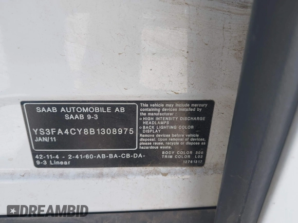 2011 Saab 9-3 z VIN YS3FA4CY8B1308975, wystawiony jako IAAI lot #42175684 z przebiegiem 284 439 mil mil oraz . Historia ofert i sprzedaży dostępna na DreamBid. Obrazek 9.
