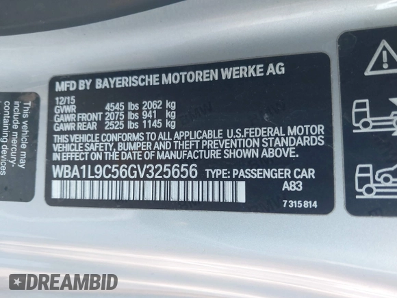 2016 BMW 2 Series 228i xDrive with VIN WBA1L9C56GV325656, listed as a IAAI auction lot 42655006 with 108,519 mi miles and . Bid and sale history available at DreamBid. Image 9.