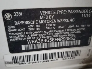 2015 BMW 3 Series 335i xDrive with VIN WBA3B9G58FNR93852, listed as a Copart auction lot 85033984 with 47,592 mi miles and Non repairable. Bid and sale history available at DreamBid. Image 12.