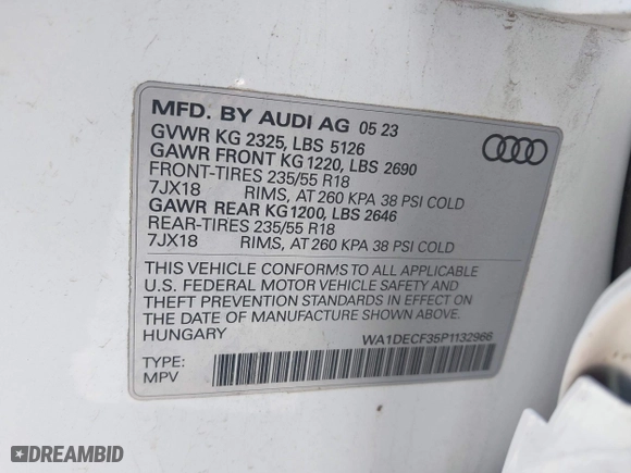 2023 Audi Q3 S line Premium with VIN WA1DECF35P1132966, listed as a IAAI auction lot 41985948 with 42,248 mi miles. Bid and sale history available at carsss.com. Image 9.