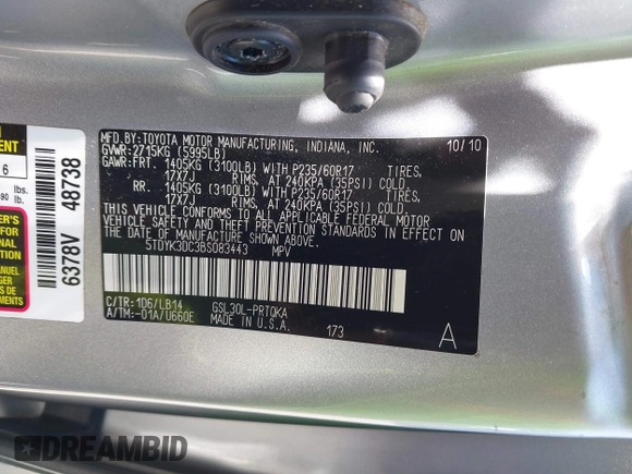 2011 Toyota Sienna XLE AAS with VIN 5TDYK3DC3BS083443, listed as a IAAI auction lot 42015856 with 138,045 mi miles and . Bid and sale history available at DreamBid. Image 9.