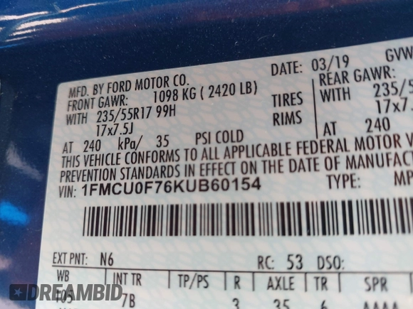 2019 Ford Escape S with VIN 1FMCU0F76KUB60154, listed as a IAAI auction lot 42508603 with 53,003 mi miles and . Bid and sale history available at DreamBid. Image 9.
