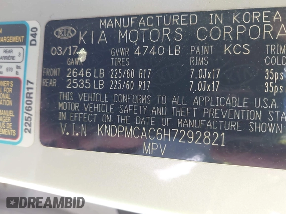 2017 Kia Sportage LX with VIN KNDPMCAC6H7292821, listed as a IAAI auction lot 41986248 with 67,772 mi miles and . Bid and sale history available at carsss.com. Image 9.