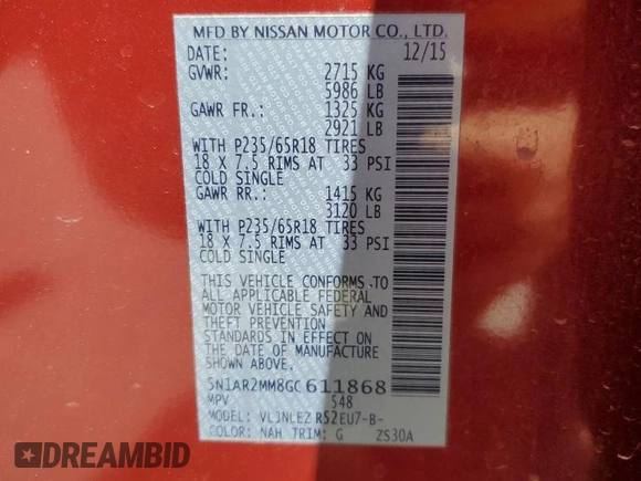2016 Nissan Pathfinder Platinum with VIN 5N1AR2MM8GC611868, listed as a Copart auction lot 54077545 with 146,187 mi miles and Salvage Title. Bid and sale history available at carsss.com. Image 13.