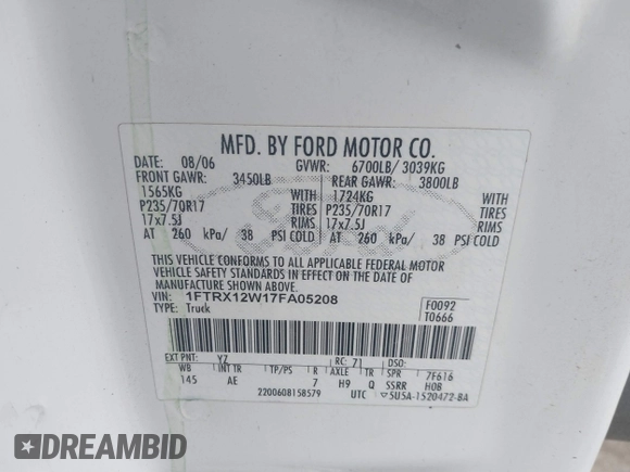2007 Ford F-150 STX with VIN 1FTRX12W17FA05208, listed as a IAAI auction lot 41902967 with 314,754 mi miles and . Bid and sale history available at DreamBid. Image 9.