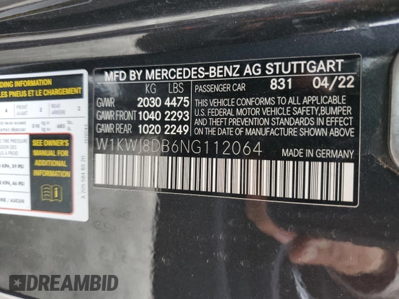 2022 Mercedes-Benz C 300 with VIN W1KWJ8DB6NG112064, listed as a Copart auction lot 46046914 with 16,072 mi miles and . Bid and sale history available at DreamBid. Image 12.