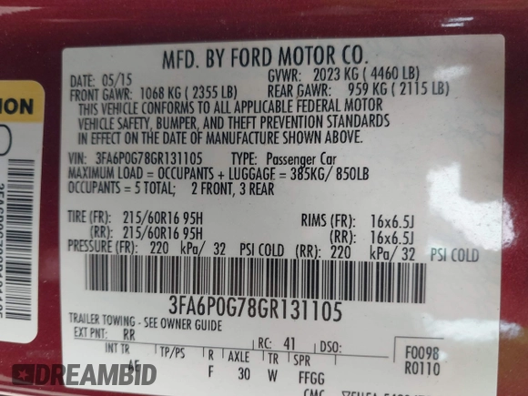 2016 Ford Fusion S with VIN 3FA6P0G78GR131105, listed as a IAAI auction lot 42499234 with 208,369 mi miles and . Bid and sale history available at DreamBid. Image 9.