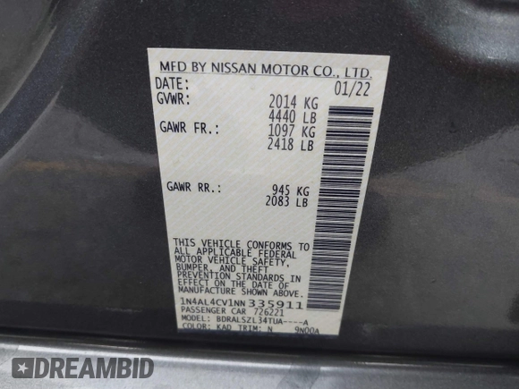 2022 Nissan Altima 2.0 SR with VIN 1N4AL4CV1NN335911, listed as a IAAI auction lot 40942269 with 50,435 mi miles. Bid and sale history available at carsss.com. Image 9.