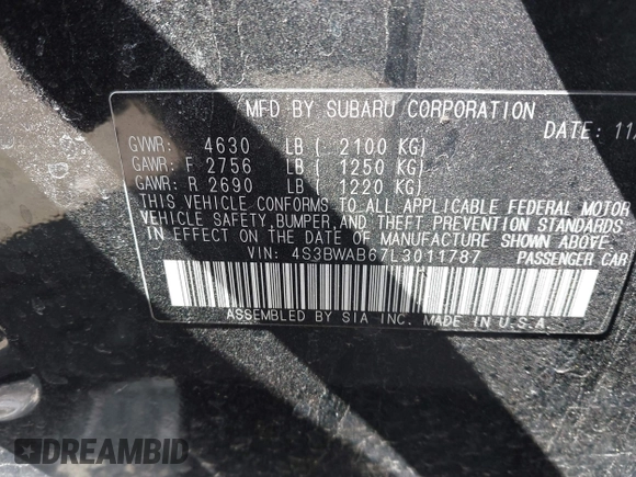 2020 Subaru Legacy with VIN 4S3BWAB67L3011787, listed as a IAAI auction lot 42002668 with 19,051 mi miles and . Bid and sale history available at DreamBid. Image 9.