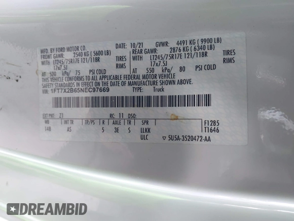 2022 Ford F-250 XL with VIN 1FT7X2B65NEC97669, listed as a IAAI auction lot 41259192 with 76,613 mi miles and . Bid and sale history available at DreamBid. Image 9.