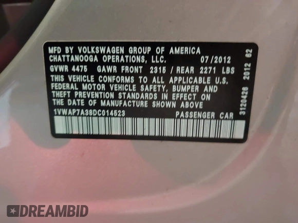 2013 Volkswagen Passat S with VIN 1VWAP7A38DC014523, listed as a IAAI auction lot 42239027 with 116,766 mi miles and . Bid and sale history available at DreamBid. Image 9.