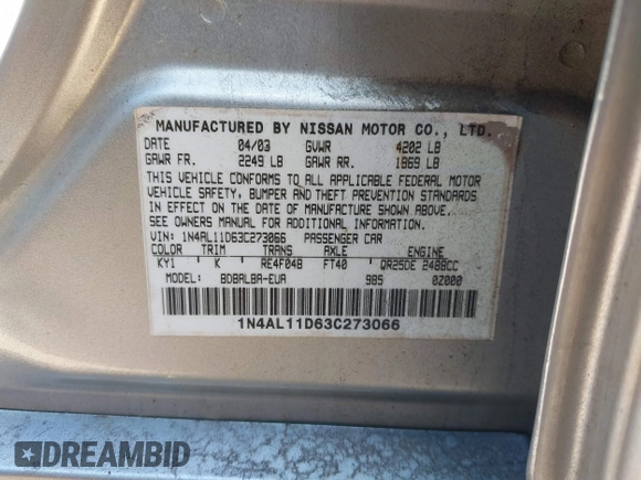 2003 Nissan Altima S with VIN 1N4AL11D63C273066, listed as a IAAI auction lot 41862920 with 247,680 mi miles. Bid and sale history available at carsss.com. Image 9.
