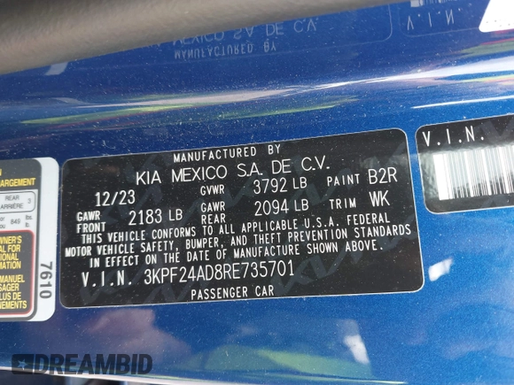 2024 Kia Forte LXS with VIN 3KPF24AD8RE735701, listed as a IAAI auction lot 42080715 with 21,401 mi miles and . Bid and sale history available at DreamBid. Image 9.