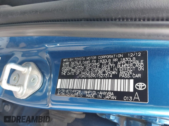 2012 Toyota Prius One with VIN JTDKDTB39C1527314, listed as a IAAI auction lot 41888276 with Not Provided miles. Bid and sale history available at carsss.com. Image 9.
