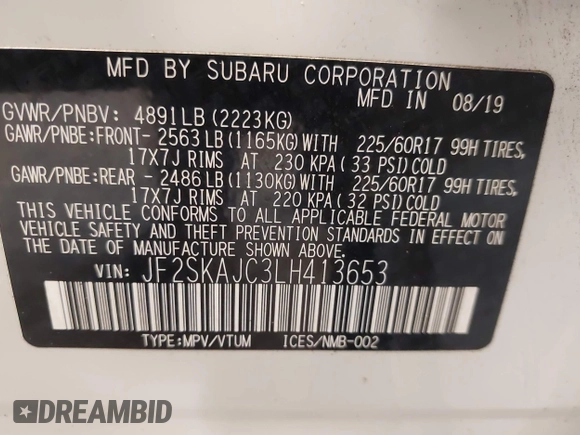 2020 Subaru Forester Premium with VIN JF2SKAJC3LH413653, listed as a IAAI auction lot 42480690 with 70,474 mi miles and . Bid and sale history available at DreamBid. Image 9.