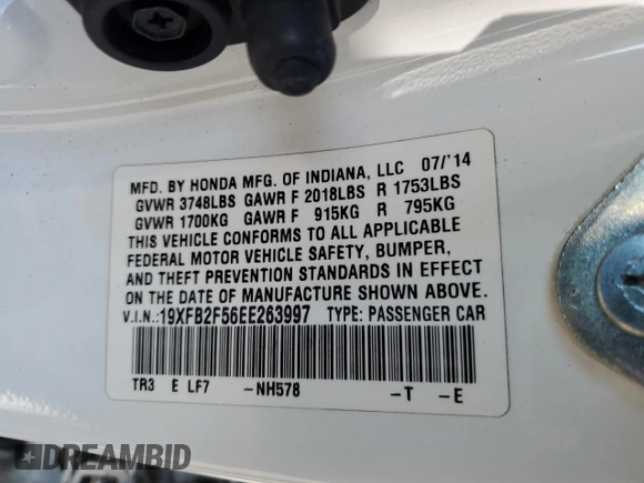 2014 Honda Civic Sedan LX with VIN 19XFB2F56EE263997, listed as a Copart auction lot 48291445 with 123,210 mi miles and Salvage Title. Bid and sale history available at carsss.com. Image 14.