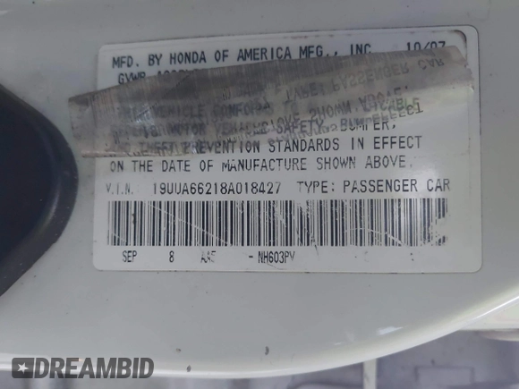 2008 Acura TL with VIN 19UUA66218A018427, listed as a IAAI auction lot 42016962 with 240,865 mi miles. Bid and sale history available at carsss.com. Image 9.