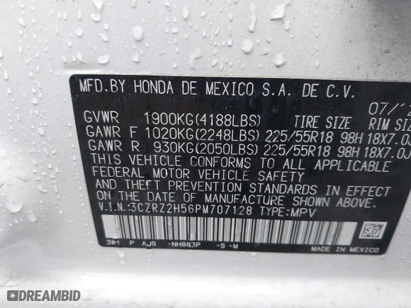 2023 Honda HR-V Sport with VIN 3CZRZ2H56PM707128, listed as a IAAI auction lot 41517597 with 40,901 mi miles. Bid and sale history available at carsss.com. Image 9.